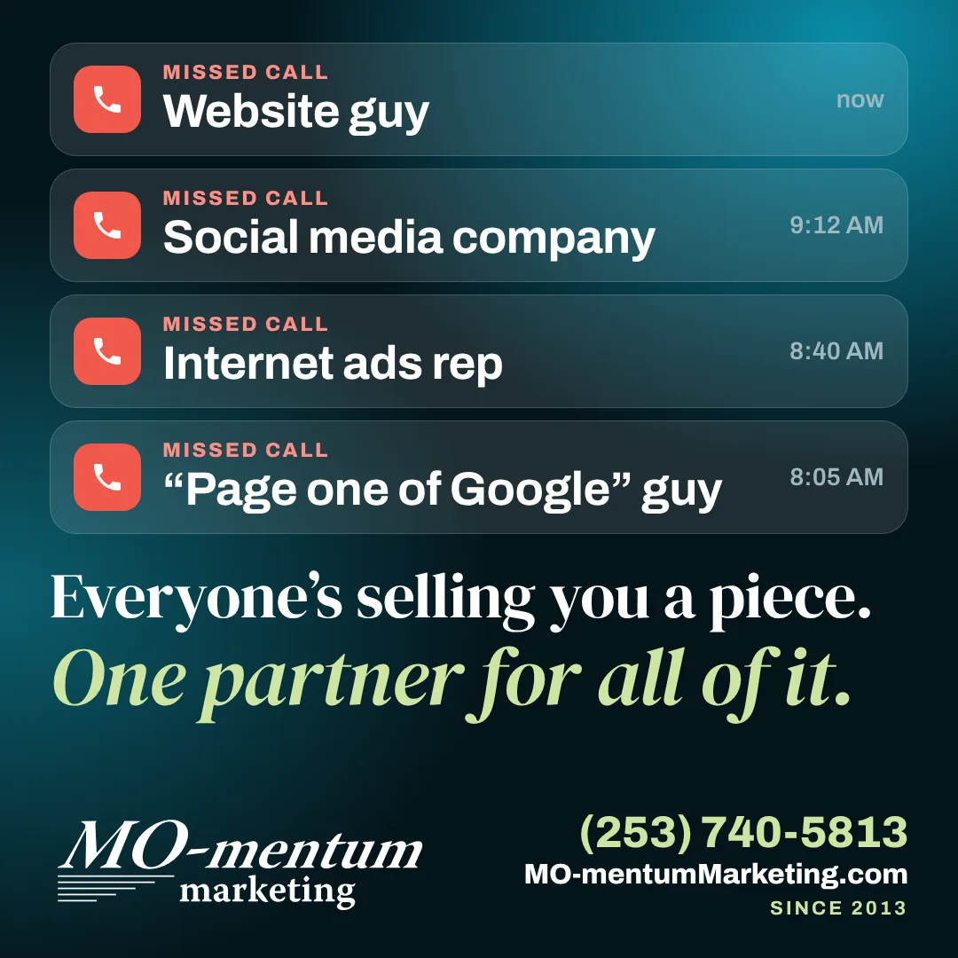 MO-mentum ad: four missed calls, from the website guy, a social media company, an internet ads rep and the “page one of Google” guy. Everyone’s selling you a piece. One partner for all of it.