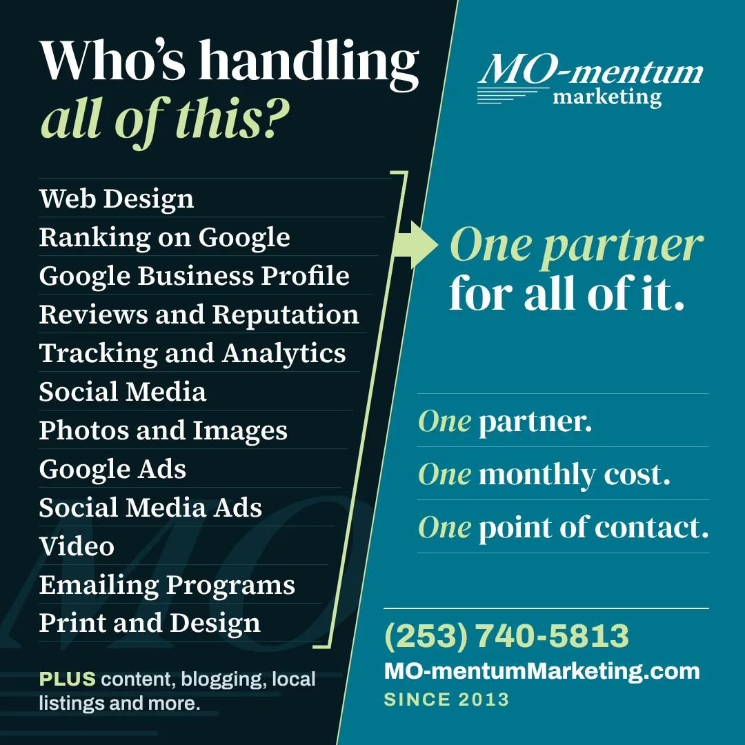 MO-mentum ad: Who’s handling all of this? Web design, ranking on Google, Google Business Profile, reviews and reputation, tracking and analytics, social media, photos and images, Google Ads, social media ads, video, emailing programs, print and design. One partner for all of it. One partner, one monthly cost, one point of contact.